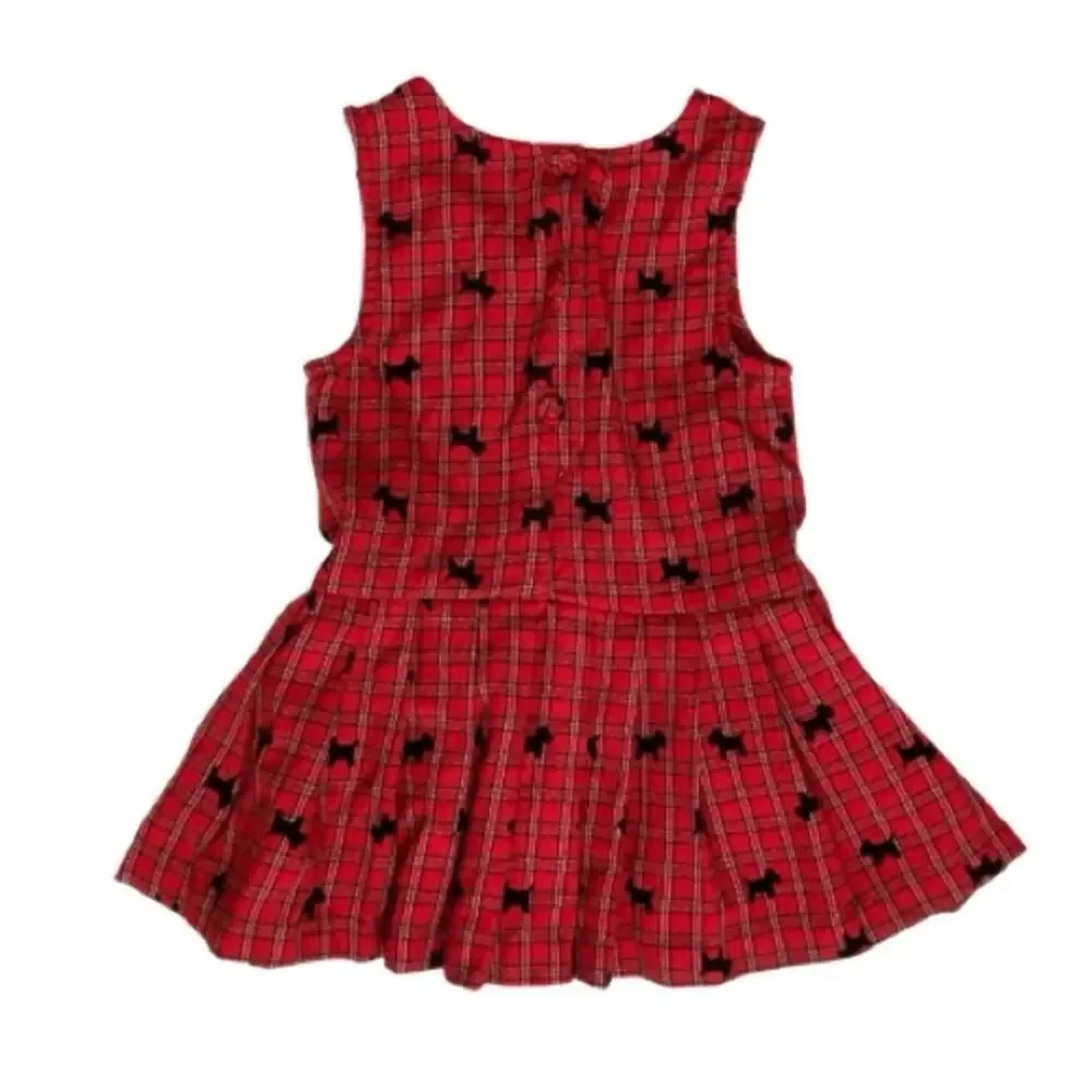 Samantha Says Red Tartan Plaid Velvet Scottie Dogs Button Back Tie Formal Dress